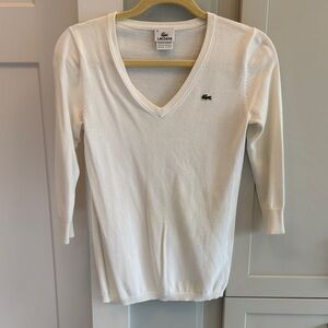 Lacoste Women's White V-Neck Knit Sweater with Green Crocodile Logo